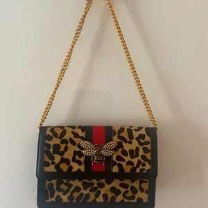 Black leather  Purse with chain, pearl butterfly, ribbon, skin